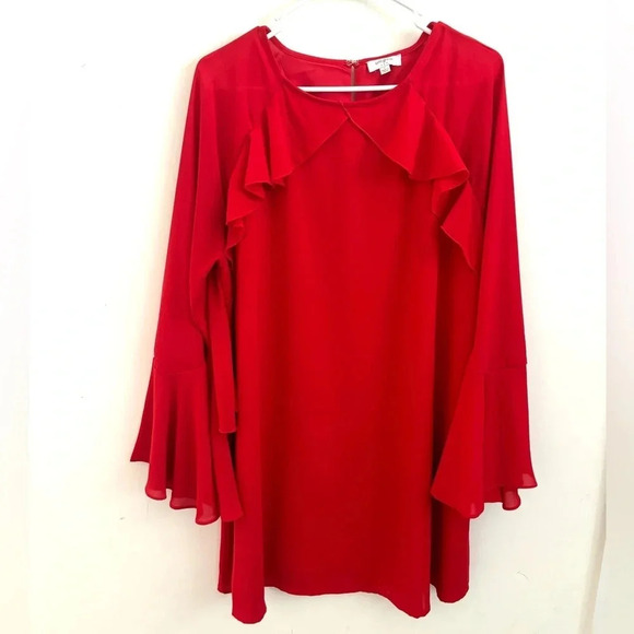 Red Ruffle Flare Sleeve Shift Mini Dress Large Flowy Parisian Holiday Christmas - Picture 1 of 4